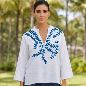 Maliparmi 100% Linen Blouse V-Neck Tunic Floral Top Sequin Resort NEW Size Small